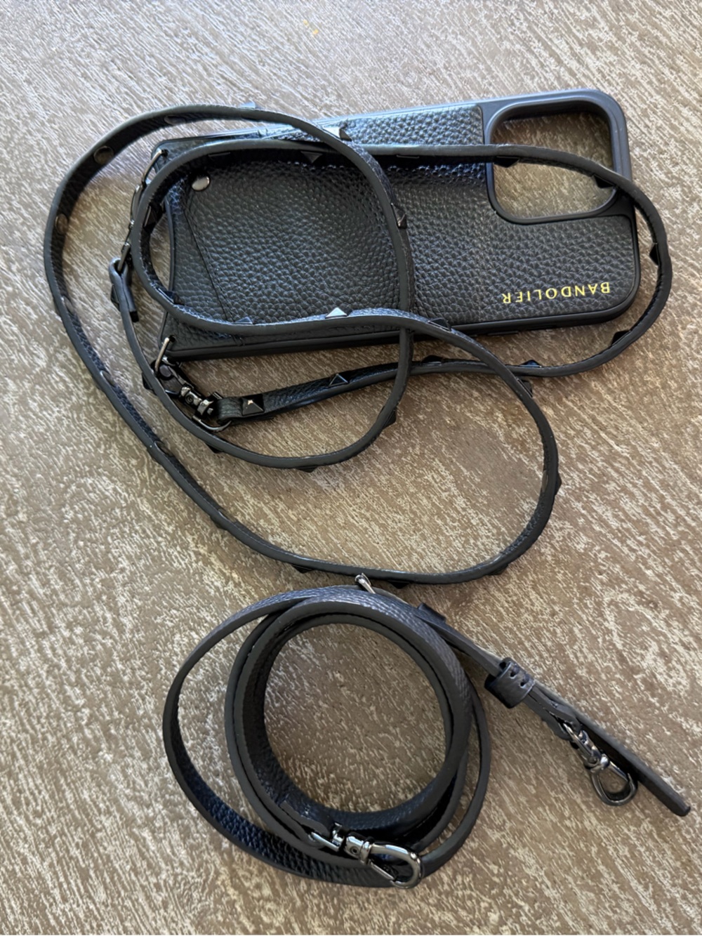 Bandolier Black Leather Crossbody Phone Case with Studded Strap